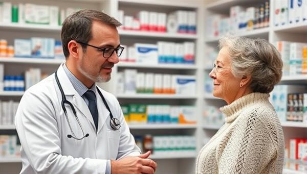 A professional pharmacist having a one-on-one consultation with a patient, surrounded by shelves of medication and medical books, creating a personalized and caring atmosphere.