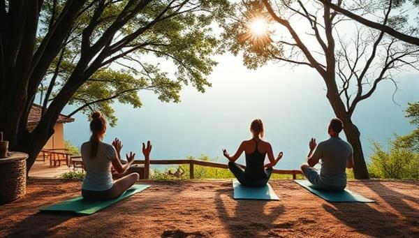 A tranquil image of a secluded retreat setting with individuals practicing yoga, meditating, and enjoying nature without any digital distractions, conveying a sense of peace and inner reflection in a serene environment.