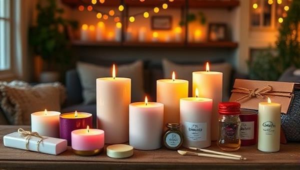 An inviting image featuring a cozy home setting with beautifully crafted candles of various shapes, colors, and scents, displayed alongside the DIY candle making kit components like wax, fragrances, and tools, creating a warm and soothing ambiance that highlights the creative potential of the kits.