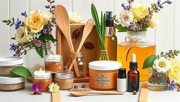 A beautifully designed DIY beauty kit filled with botanical ingredients, glass jars, and essential oils, surrounded by fresh flowers and natural elements, evoking a sense of creativity and eco-conscious beauty crafting at home.