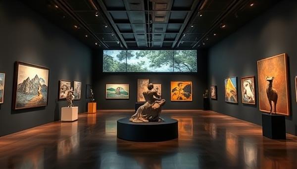 An immersive virtual art gallery setting with digital art displays, interactive features, and virtual tour guides showcasing contemporary artworks, sculptures, and installations, creating a visually stunning and culturally enriching experience for art lovers and collectors.