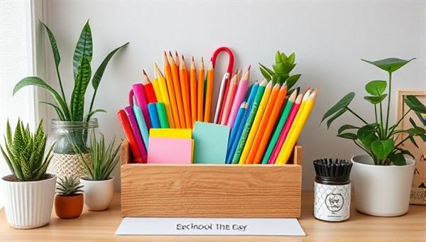 An assortment of colorful and eco-friendly school supplies neatly arranged in a wooden desk organizer, surrounded by potted plants and sustainable decor, creating a visually appealing and environmentally conscious workspace.