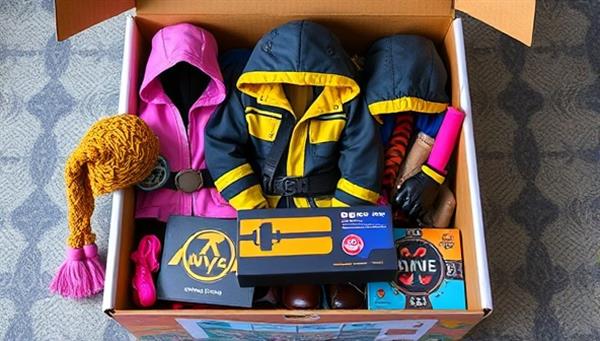 A collection of virtual gaming character costumes and accessories neatly arranged in a colorful and enticing subscription box, featuring intricate details and vibrant colors, creating a visual feast for cosplay enthusiasts subscribed to CosplayQuest.