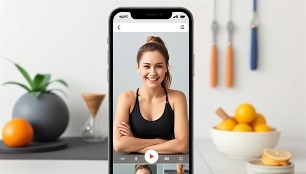 A sleek and modern app interface showcasing a user interacting with a virtual fitness coach through a video call, surrounded by fitness equipment and healthy snacks, promoting a seamless virtual coaching experience.
