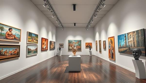 An online art gallery showcasing a diverse collection of paintings, sculptures, and digital artworks in a visually stunning virtual environment, highlighting the immersive and interactive exhibition experience offered by ArtVirtuoso to art lovers and collectors.
