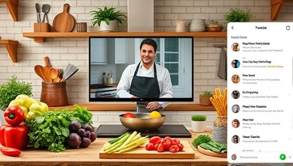 An inviting virtual kitchen setup with fresh ingredients, cooking utensils, a chef guiding participants through a recipe on a live stream, and interactive chat features for questions and feedback, creating a dynamic and educational culinary experience.