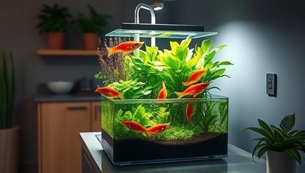 An enchanting visual representation of a compact aquaponic system in a modern kitchen setting, showcasing vibrant greens growing alongside colorful fish in a harmonious and sustainable home farming setup, blending nature with modern living.