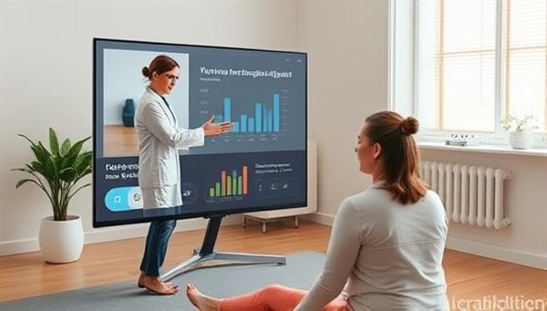 An uplifting virtual rehabilitation session depicted on the platform, showing a physical therapist guiding a patient through exercises with interactive visuals, progress tracking charts, and motivational messages, creating a supportive and engaging virtual rehab experience.