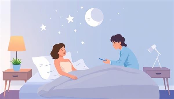 A soothing digital illustration of a DreamEase Solutions virtual sleep wellness coaching session featuring a sleep specialist guiding a client through relaxation techniques, sleep-inducing exercises, and bedtime rituals, creating a calming and supportive environment for restful sleep.