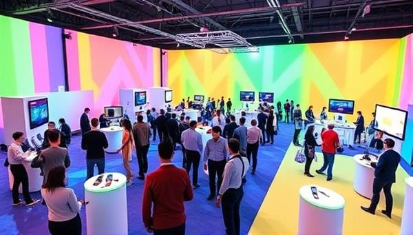 An immersive virtual event setup with avatars representing attendees interacting in a colorful 3D environment, with digital booths, stages, and networking areas, illustrating the innovative nature of the platform.
