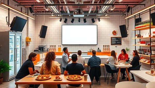An innovative incubator hub featuring a virtual kitchen lab, pitch stage, networking lounge, and a diverse group of food entrepreneurs collaborating on new product ideas, fostering creativity, collaboration, and culinary entrepreneurship in a digital ecosystem.