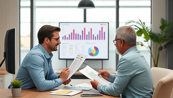 A virtual meeting scene with a freelance financial analyst discussing financial reports with a small business owner over a video call, both engaged in a collaborative and insightful conversation, reflecting expertise and strategic guidance.