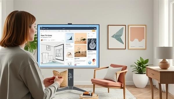An artistic depiction of a virtual interior design consultation, featuring a designer virtually presenting a mood board and design sketches to a client through a digital interface, surrounded by interior decor samples and color swatches, creating an immersive design experience.