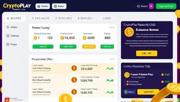 An engaging visual representation of a digital rewards dashboard displaying cryptocurrency balances, exclusive bonuses, and personalized offers for members of the CryptoPlay Rewards Club, highlighting the benefits and incentives of loyalty in the online casino environment.