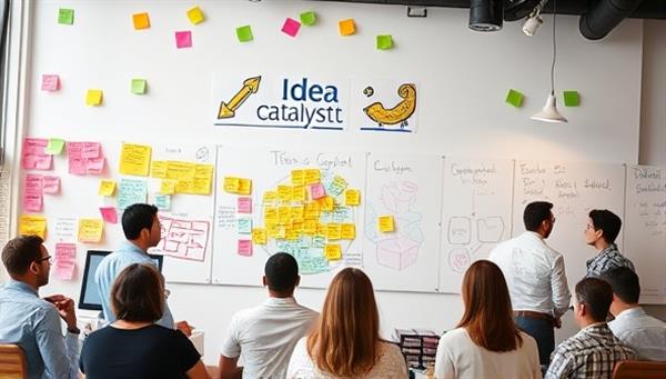 An interactive and collaborative innovation lab filled with colorful post-it notes, whiteboards covered with sketches and diagrams, and teams engaged in brainstorming sessions and idea generation activities, capturing the essence of creativity and innovation at Idea Catalysts.