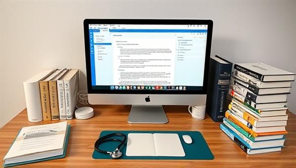 An efficient virtual office setup with a computer displaying a transcription software interface, surrounded by medical dictionaries, reference books, stethoscope, and a notepad, creating a professional and focused medical transcription environment.
