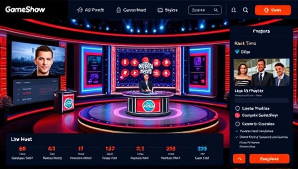 An interactive visual representation of a live game show betting platform interface showcasing a virtual game show set, live host interactions, betting options, and real-time viewer engagement features, capturing the excitement and entertainment value of GameShow BetLive.
