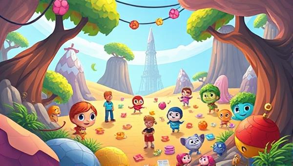 An interactive gamified learning environment featuring colorful characters, engaging puzzles, and educational challenges, surrounded by a dynamic and immersive digital landscape that sparks curiosity and encourages active learning through gameplay experiences.