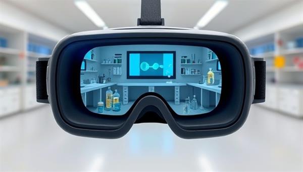 An immersive VR headset displaying a virtual science lab setting with interactive experiments, digital lab equipment, and animated scientific simulations, showcasing the innovative and engaging educational experience.
