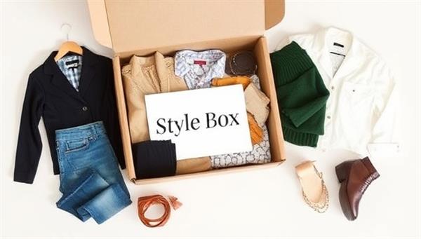 An artistic visualization of a personalized style box delivery with fashionable clothing items, accessories, and styling suggestions neatly arranged, representing the tailored and curated fashion experience provided by StyleSync.