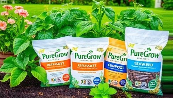 An image featuring lush, thriving plants in a vibrant garden setting, surrounded by bags of PureGrow Organics fertilizers with natural ingredients like compost and seaweed, emphasizing the organic and sustainable nature of the products and their positive impact on plant growth.