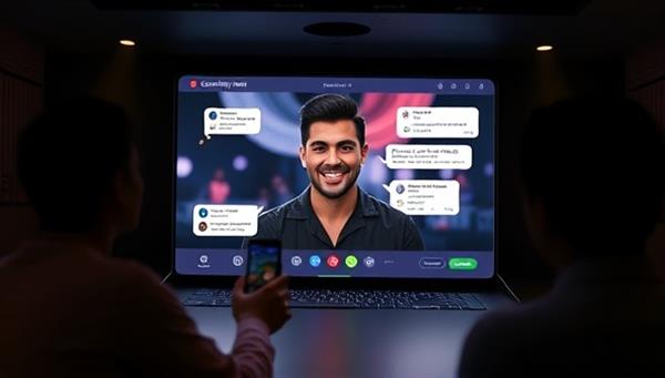 An engaging digital platform interface showcasing a virtual meet and greet session with a celebrity, with fans interacting via video call and receiving personalized messages, creating a sense of connection and excitement.