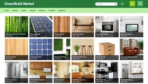 An online marketplace interface showcasing a variety of sustainable building materials, from bamboo flooring and solar panels to energy-efficient appliances and recycled glass countertops, reflecting the diverse and eco-conscious product offerings of GreenBuild Market in a user-friendly format.