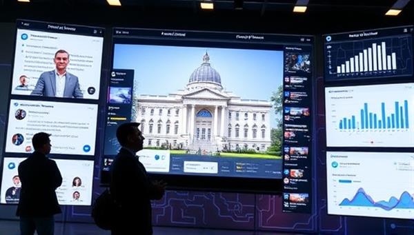 An interactive digital platform displaying real-time citizen feedback, government announcements, and data visualizations, fostering a sense of connectivity and transparency.