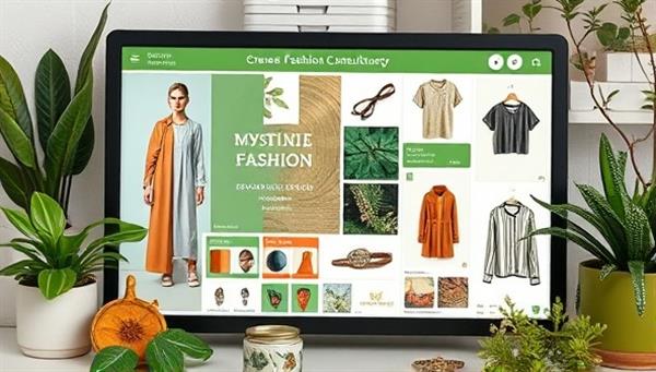 An eco-friendly fashion consultancy scene displayed on a digital interface, featuring sustainable fashion mood boards, organic fabric swatches, and recycled accessory designs, surrounded by plant-based dyes and eco-chic fashion elements, promoting a green and stylish consultancy approach.