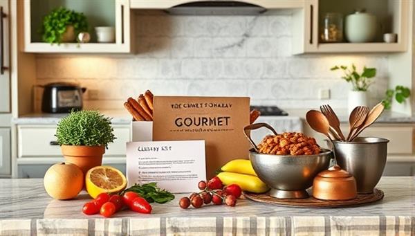 An elegant kitchen countertop showcasing a beautifully arranged culinary kit with fresh ingredients, recipe cards, and cooking utensils, inviting viewers to embark on a gourmet cooking adventure at home.