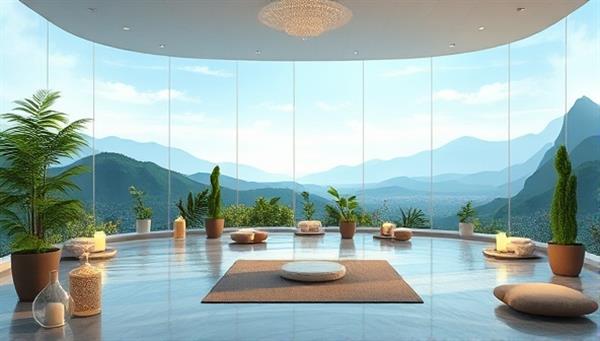 An artistic visualization of a serene virtual wellness retreat environment with soothing nature backgrounds, meditation spaces, and virtual group activities, conveying a sense of tranquility and relaxation for participants engaging in ZenVentures