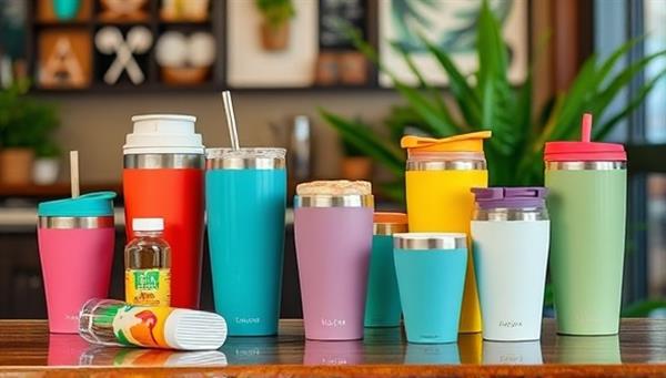 An array of colorful and stylish reusable drinkware items displayed in a cafe setting, with latte art and greenery in the background, showcasing the eco-friendly and trendy nature of the products, appealing to environmentally conscious consumers and businesses.