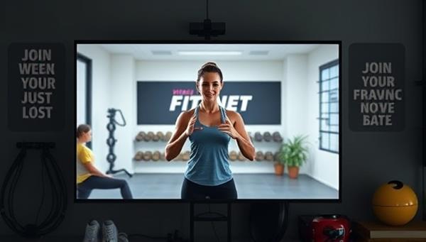 An engaging image of a virtual fitness coach leading an energetic workout session on a screen, surrounded by workout equipment and motivational quotes, inspiring users to join the platform for a transformative fitness experience.