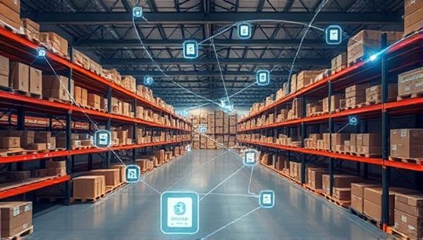 A digital representation of a warehouse layout with interconnected nodes representing inventory items, linked by AI algorithms for real-time tracking and management, conveying the concept of automated inventory control and optimization.
