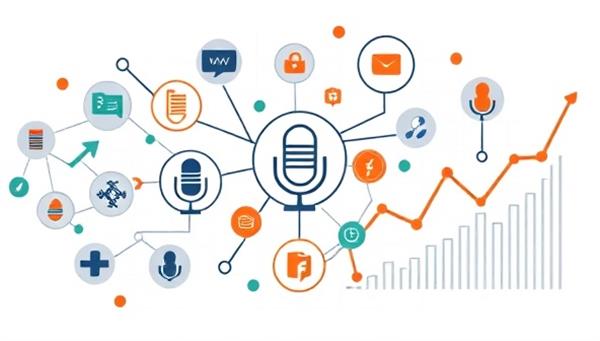 An abstract visual representation of interconnected podcast icons and data analytics graphs, symbolizing the seamless integration of PodAds Analytics in optimizing podcast advertising placements and audience targeting for maximum impact.