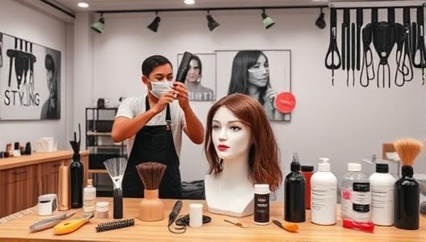 A virtual hair styling workshop setup with a professional stylist demonstrating techniques on a mannequin head, showcasing a variety of hair tools, products, and styling accessories, creating an interactive and educational experience for participants.
