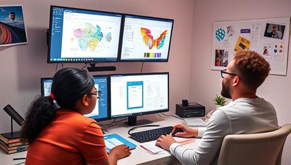A vibrant and dynamic digital workspace with multiple screens showing design software, colorful sketches, and a person enthusiastically teaching a group of diverse students online, fostering a collaborative learning environment.
