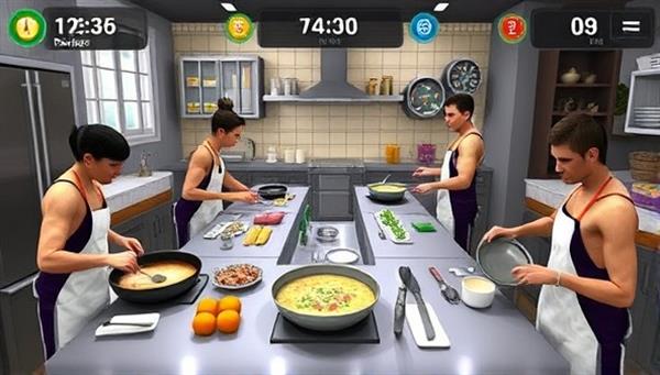 A virtual kitchen setting with multiple players cooking simultaneously, each focusing on different recipes and ingredients, with a timer ticking down and a scoreboard tracking points, creating a dynamic and competitive atmosphere of an online cooking challenge.