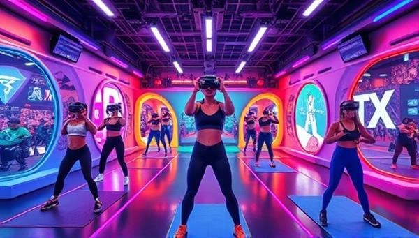 An exciting virtual reality world filled with fitness challenges, colorful workout environments, and virtual avatars engaging in various fitness activities, inspiring users to stay active and motivated in a futuristic fitness adventure.