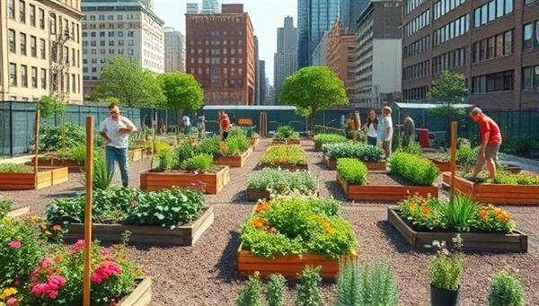 An image of a vibrant community garden in the middle of a bustling city, showcasing a variety of plants, colorful flowers, and people happily tending to their individual garden plots.