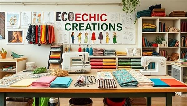 A vibrant workshop setting with colorful sustainable fabrics, sewing machines, and eco-friendly materials arranged on a table, surrounded by inspirational mood boards and sketches, showcasing the creativity and eco-conscious ethos of EcoChic Creations.