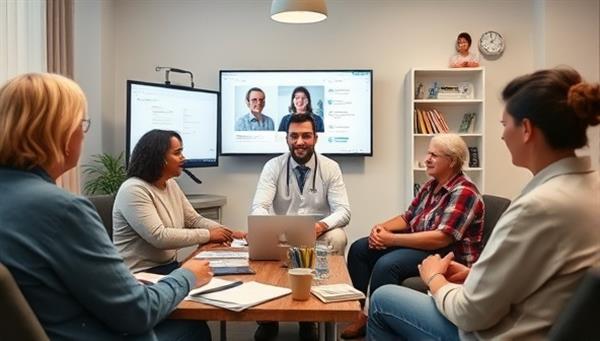 A virtual support group setting with patients engaging in an online education session led by a healthcare professional, featuring interactive tools, educational materials, and a collaborative environment for learning and sharing experiences in chronic disease management.