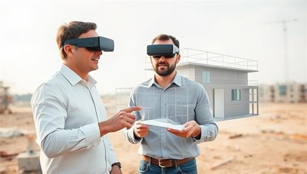 An architect and a client wearing AR glasses, exploring a virtual building model overlaid on an empty construction site, interacting with design elements and discussing modifications, illustrating the immersive and collaborative nature of AR visualization in construction planning.