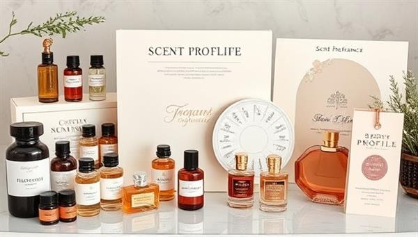 An elegant perfume creation kit featuring an array of essential oils, fragrance notes, and decorative bottles, accompanied by a beautiful scent profile wheel and personalized scent preference cards, illustrating the artistry and sophistication of virtual fragrance profiling and custom perfume creation.