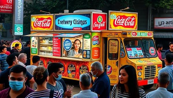 A vibrant food truck adorned with colorful brand logos and interactive displays, surrounded by a diverse crowd of customers enjoying delicious meals and engaging with immersive ad experiences, creating a dynamic and appetizing fusion of culinary delight and advertising innovation.