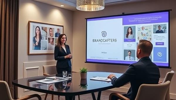 An elegant and professional branding workshop setting featuring a consultant guiding a client through a branding strategy session, with mood boards, logo designs, and social media profiles projected on a screen, reflecting the personalized and strategic approach of BrandCrafters in shaping impactful personal brands.