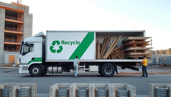 A mobile recycling truck parked at a construction site, with workers sorting and stacking salvaged materials like wood, metal, and concrete, showcasing the efficient and eco-friendly process of repurposing waste for future use.