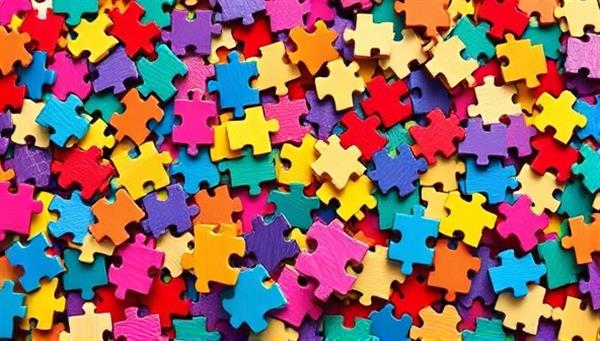 An artistic representation of a digital marketplace filled with colorful puzzle pieces of various shapes and sizes, symbolizing creativity and diversity in puzzle designs available on the platform.