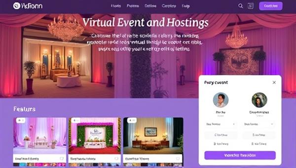 A virtual event planning and hosting platform interface, displaying a variety of event themes, decor options, and interactive features for clients to customize their virtual events, showcasing a seamless and user-friendly event planning experience that inspires creativity and engagement.