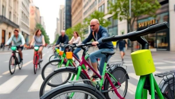 A vibrant city street scene with cyclists using smart bikes equipped with colorful smart locks, showcasing the convenience and security features of the innovative bike rental service.